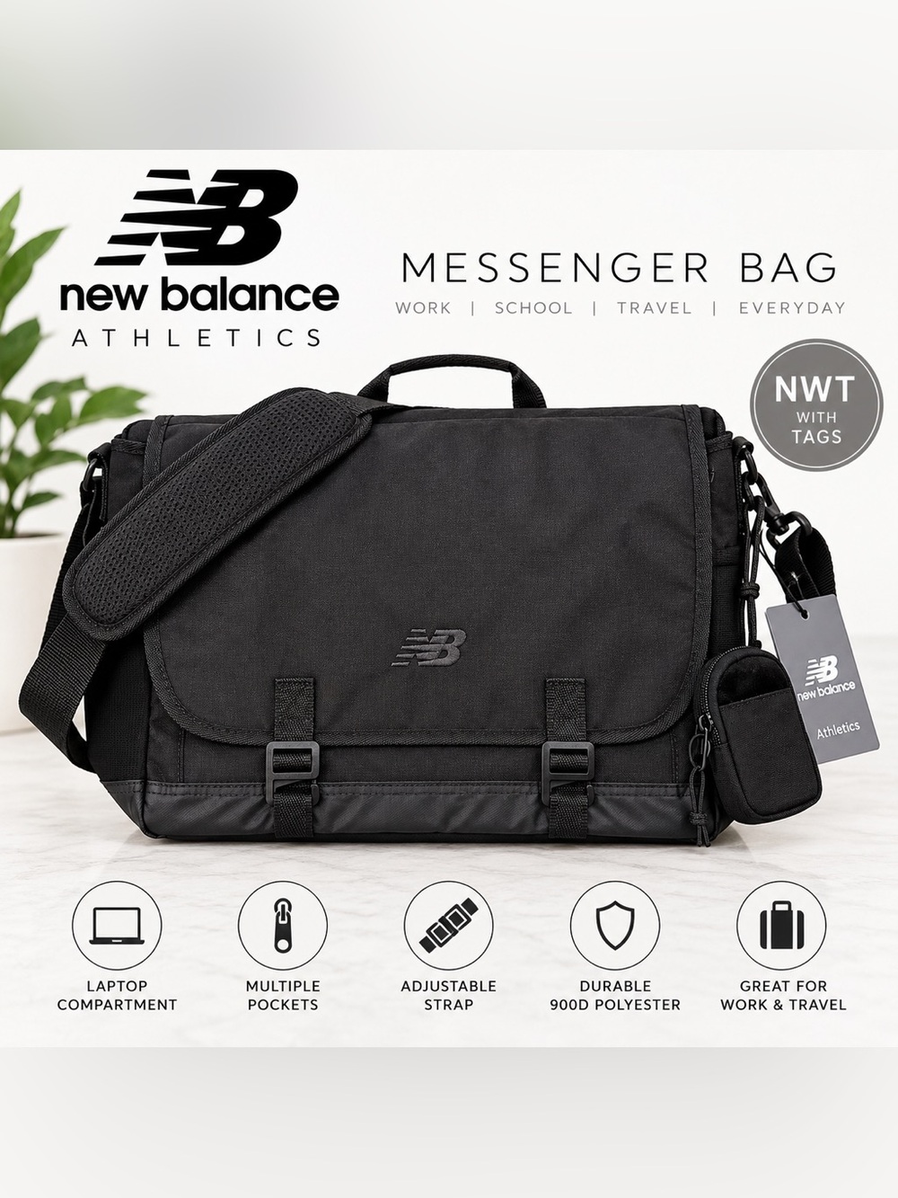 New Balance Athletic Black Messenger work Bag Crossbody Laptop Bag 20”x12”x5”